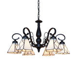 Vintage Beige Glass Cone Chandelier With Rhombus/Leaf Pattern - Ideal For Living Room Indoor