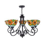 Rustic Sunflower Chandelier Pendant Light With Stained Glass Shade - 5 Lights In Orange