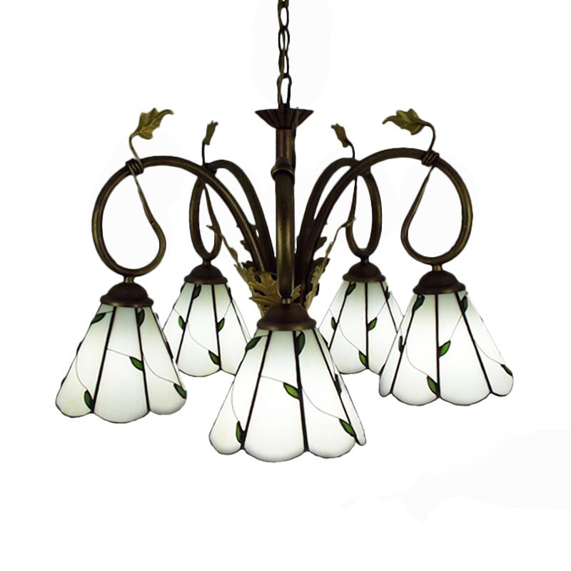 Vintage Beige Glass Cone Pendant Chandelier With Metal Chain - Perfect For Libraries