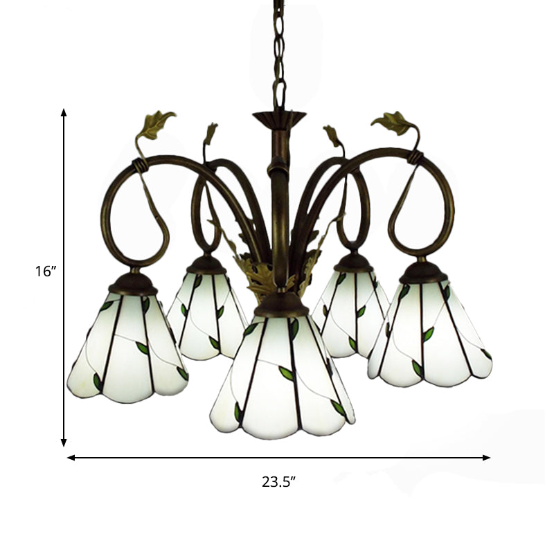 Vintage Beige Glass Cone Pendant Chandelier With Metal Chain - Perfect For Libraries