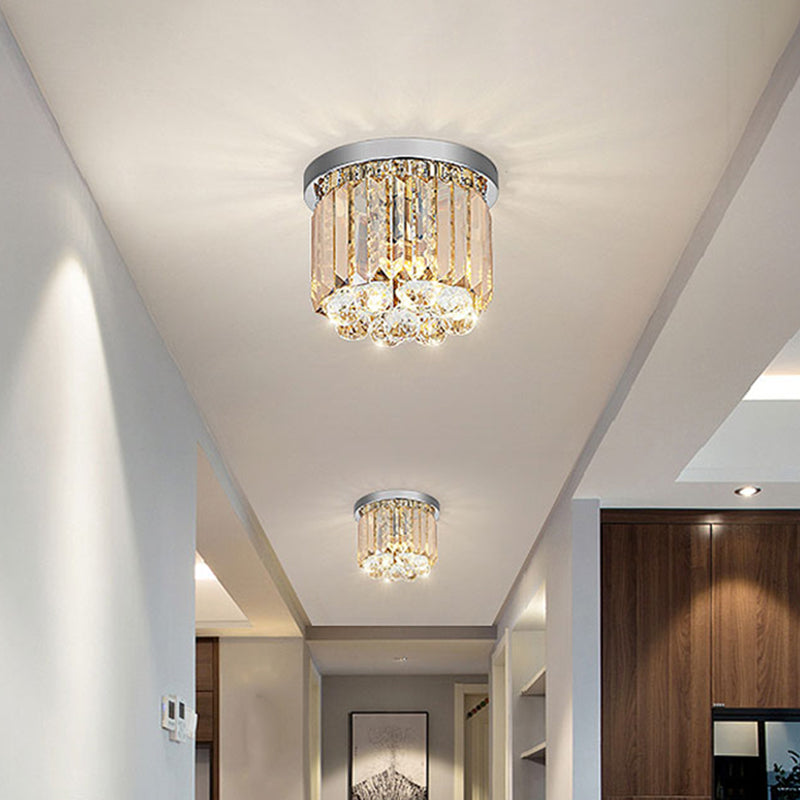 Modern Led Chrome Flush Mount Ceiling Lamp - Crystal Cylinder Light Fixture (8/12 Dia)