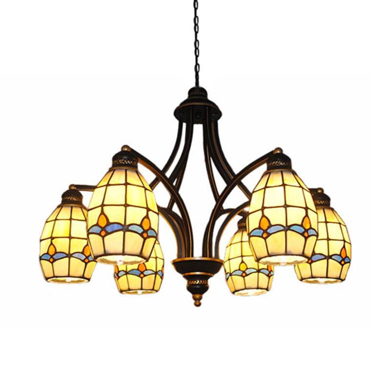 Oval Magnolia Stained Glass Tiffany Ceiling Pendant With 6/8 Lights In Beige
