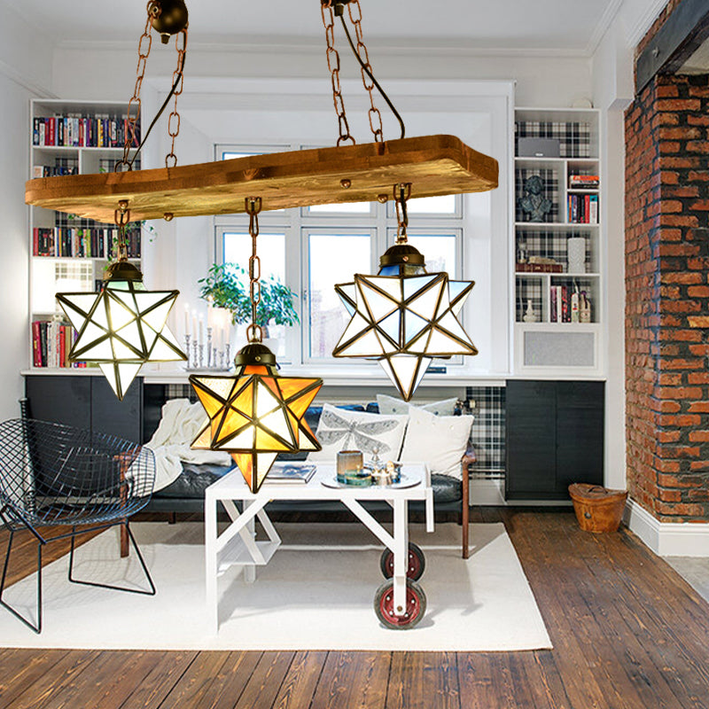 Rustic Star Chandelier Lamp - Wooden Board Design Colorful Glass Perfect For Kitchen 3 / Rust