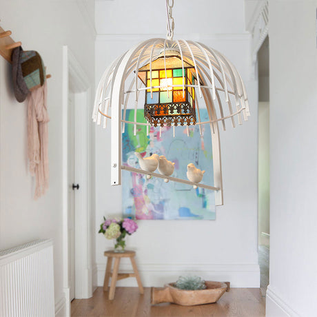 Tiffany Style White Bird Cage Pendant Light - 1-Light Stainless Glass Ceiling Lamp With Inner House