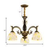 Traditional Shell Dome Suspension Lamp With Curved Arm - 3-Light Pendant For Foyer