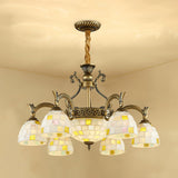 6/8-Light Domed Chandelier With Mosaic White Glass Tiffany Pendant Light - Aged Brass Finish