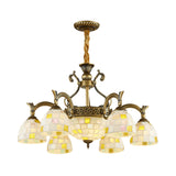 6/8-Light Domed Chandelier With Mosaic White Glass Tiffany Pendant Light - Aged Brass Finish
