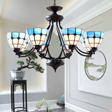 Blue Bowl Shade Tiffany Pendant Light - 6/8-Light Upward Chandelier With Stained Glass 8 /