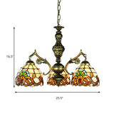 Baroque Style Stained Glass Pendant Lamp With 3 Hanging Lights In Antique Brass