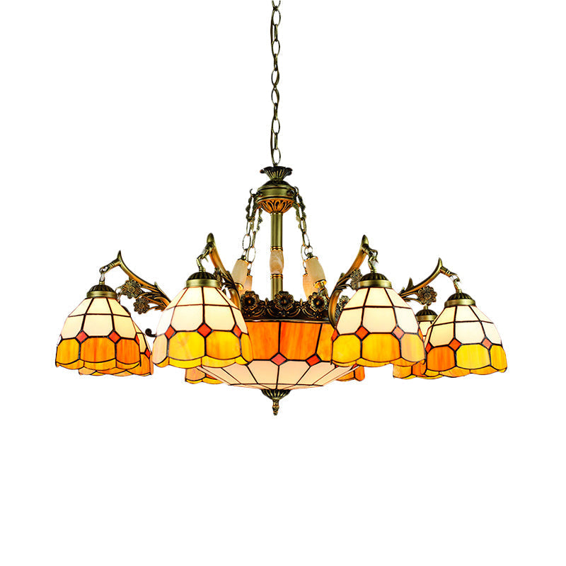 Vintage Stained Glass Hanging Ceiling Light With 3/5/9/11 Lights - Yellow Indoor Lighting For