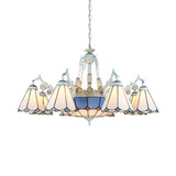 White Stained Glass Chandelier - 11 Lights Tiffany Pendant Ceiling Light With Floral & Geometric