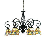 Peacock Design Stained Glass Conical Chandelier - 6/8 Light Rustic Pendant
