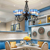 Adjustable Chain Pendant Light With Mediterranean Blue Glass Shade - 5-Light Bowl Chandelier
