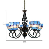 Adjustable Chain Pendant Light With Mediterranean Blue Glass Shade - 5-Light Bowl Chandelier