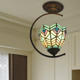 Blue Stained Glass Peacock Ceiling Mount Light - Tiffany Style Creative Lamp For Cafes