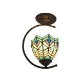 Sky Blue Tiffany Glass Semi Flushmount Ceiling Lamp - Bedroom Grid Dome Art Light