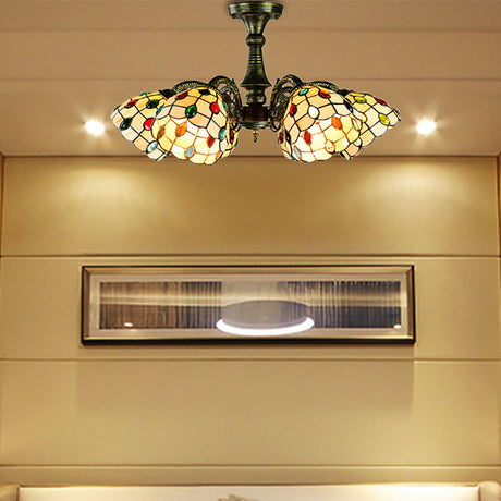 Vintage Tiffany Stained Glass Pendant Light Chandelier With Peacock Tail Design - 6 Lights Antique