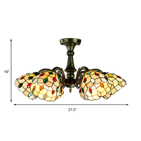 Vintage Tiffany Stained Glass Pendant Light Chandelier With Peacock Tail Design - 6 Lights Antique