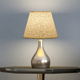 Modern Fabric Conic Table Light - Grey Floral Patterned Night Lamp With Silver Gourd Base
