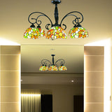 Stained Glass Tiffany Chandelier With Orange Sunflower - 3/6 Lights Rustic Pendant Light For Living