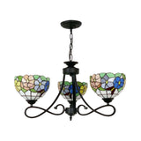 Rustic Stained Glass Dome Hanging Lamp: Tiffany Chandelier With Petal 3 Heads Flower/Rose/Dragonfly