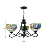 Rustic Stained Glass Dome Hanging Lamp: Tiffany Chandelier With Petal 3 Heads Flower/Rose/Dragonfly
