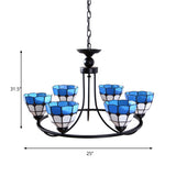 Blue & White Tiffany Classic Chandelier - Metal Ring Suspension Light With Grid Bowl (6/8 Lights)