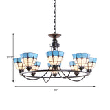 Blue & White Tiffany Classic Chandelier - Metal Ring Suspension Light With Grid Bowl (6/8 Lights)