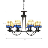 Tiffany Blue Glass Lattice Bucket Chandelier With Multiple Hanging Heads - Ideal For Hotels And