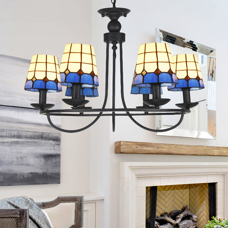 Tiffany Blue Glass Lattice Bucket Chandelier With Multiple Hanging Heads - Ideal For Hotels And