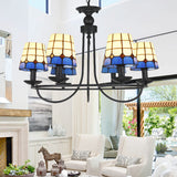 Tiffany Blue Glass Lattice Bucket Chandelier With Multiple Hanging Heads - Ideal For Hotels And