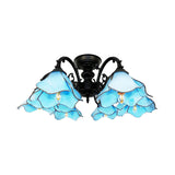 Art Glass Tiffany Blue Pendant Chandelier With 6 Bookstore Flower Lights - Ideal For Hotels