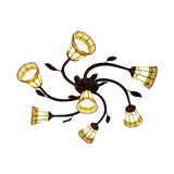 Leaf Design Tiffany Glass Ceiling Light - Rustic Cone Shade Swirl Arm Semi Flush Mount 7 Lights