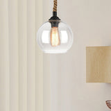 Industrial Amber/Clear Glass Ball Pendant Lamp For Restaurant Ceiling With Rope Rod