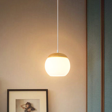 Modern Milky Glass Sphere Pendant Light With Wood Drop - Ideal For Bedside Use