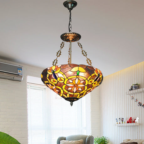 Floral Tiffany Stained Glass Chandelier: Umbrella Shade Pendant With 3 Lights - Brown/Pink Perfect