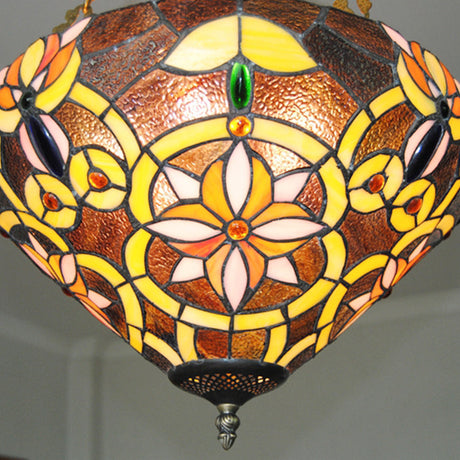 Floral Tiffany Stained Glass Chandelier: Umbrella Shade Pendant With 3 Lights - Brown/Pink Perfect