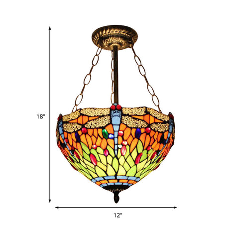 Dragonfly Stained Glass Ceiling Light - Rustic Tiffany Inverted Semi Flush Lamp (12/16 Wide Orange)