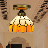 Orange Art Glass Ceiling Lamp - Tiffany Style Grid Bowl Mount For Bathroom 8/6 Width / 8