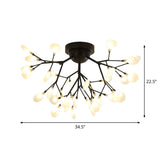 Modern Black Twig Ceiling Light With Round Flower Design - Creative Metallic Semi Flush For Cafes