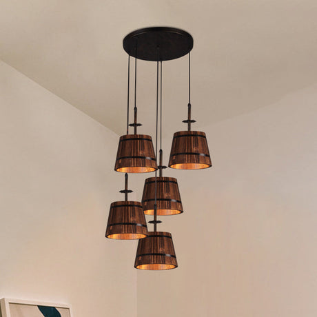 Country Style 4-Light Wooden Bucket Pendant Light - Brown
