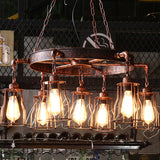 Rustic Farmhouse Pendant Light With Dark Rust Finish - Bell Cage Design 7 Lights Wrought Iron