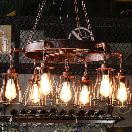 Rustic Farmhouse Pendant Light With Dark Rust Finish - Bell Cage Design 7 Lights Wrought Iron