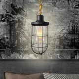 Coastal Black Caged Pendant Lamp With Clear Glass - Single-Bulb Hanging Light Fixture For Bedroom