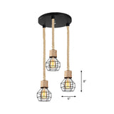 Adjustable Metal Globe Cage Ceiling Light With Rope: Lodge Style Hanging 3/5 Heads Indoor Black