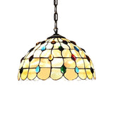 Tiffany-Style Stained Glass Pendant Lamp With 2 Beige Heads And Cabochons Gemstone
