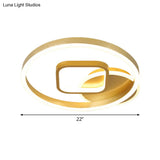 18’/22’ Wide Led Flush Mount Lamp - Minimal Metal Golden Circle And Square Ceiling Light In