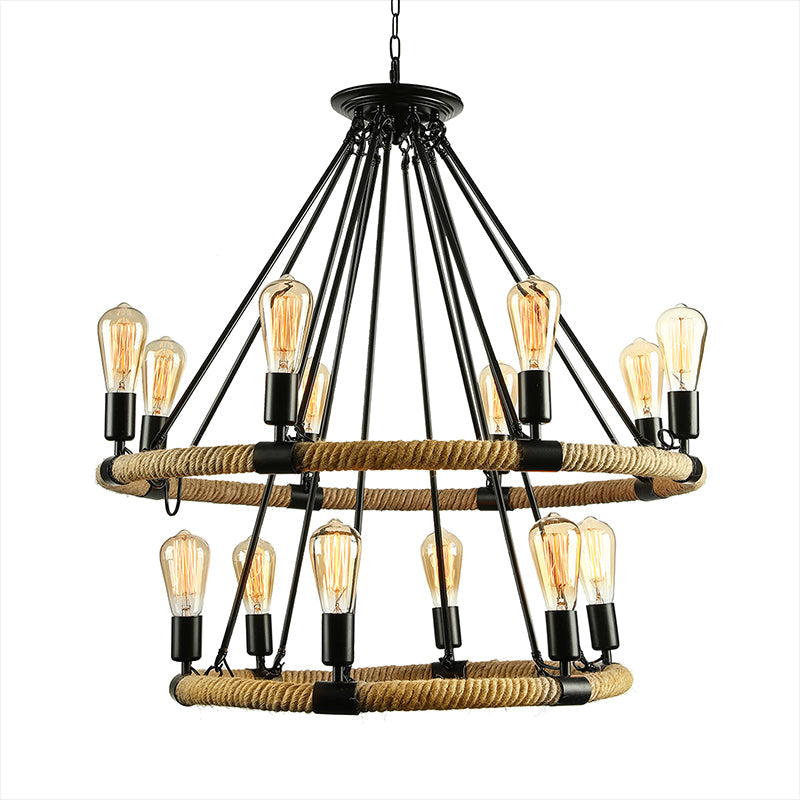 Lodge Style Roped Ring Chandelier Pendant Light With Adjustable Chain - 6/8 Heads In Black