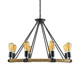 Lodge Style Roped Ring Chandelier Pendant Light With Adjustable Chain - 6/8 Heads In Black