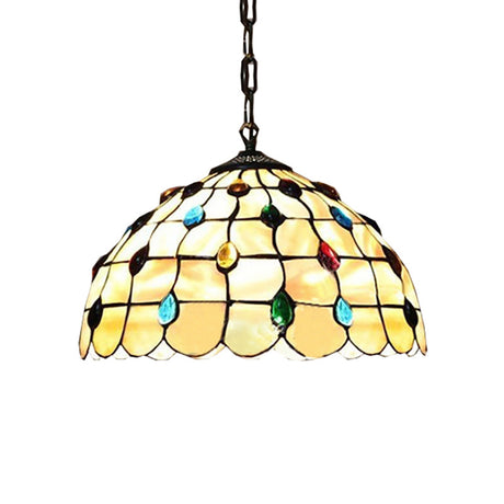 Tiffany Style Beige Pendant Light With Stained Glass Shade For Study Room